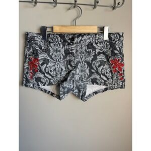 H&M Floral Embroidered Denim Mini Shorts Size‎ 10 Gray Red Boho Indie Festival